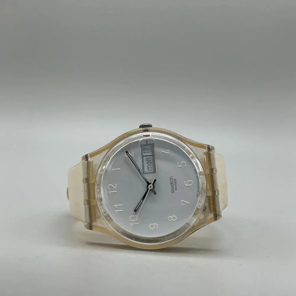 Vintage Swatch Mens Watch 34mm GK733 Case White Day Date New Battery